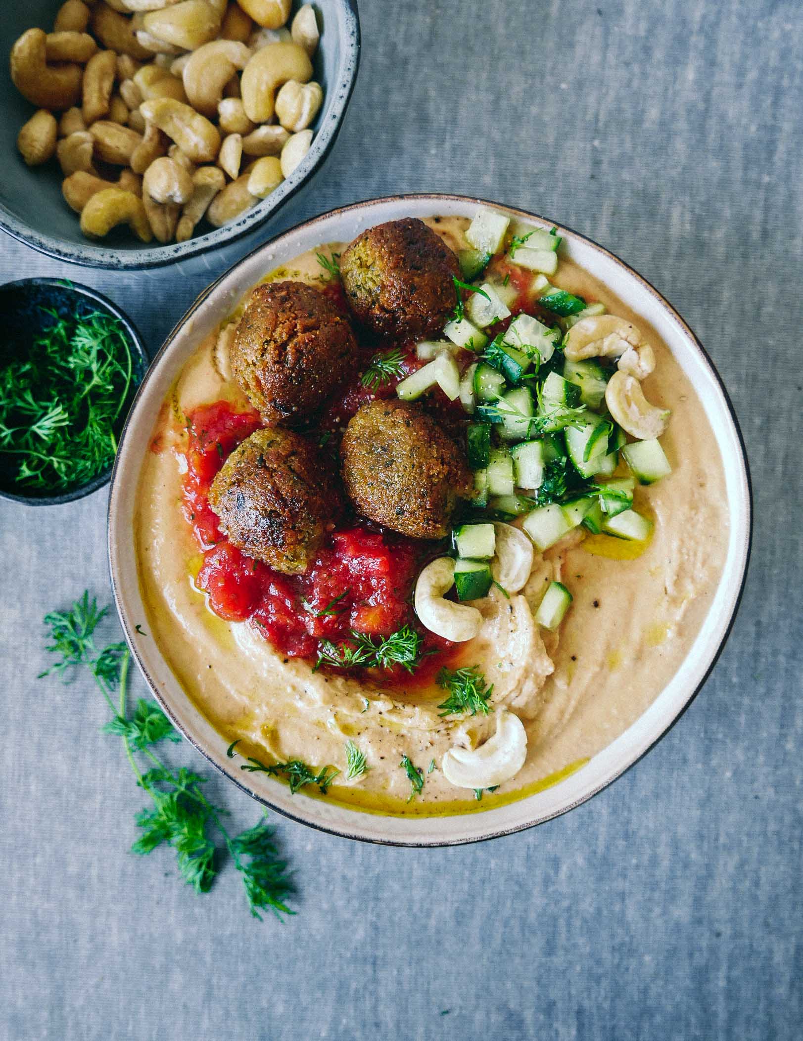 cashew hummus with falafels