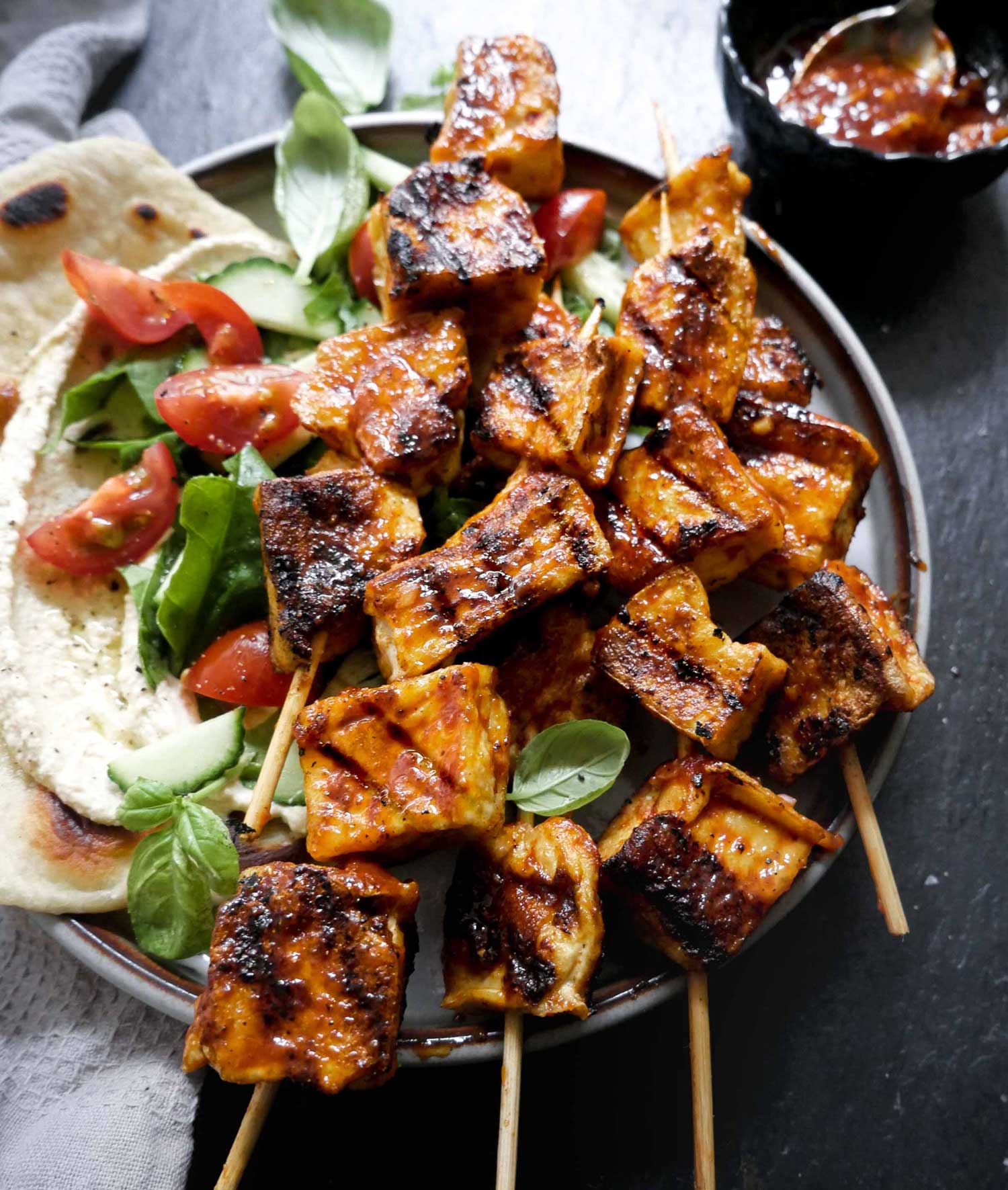 vegetables hummus bread and summer grill sticks